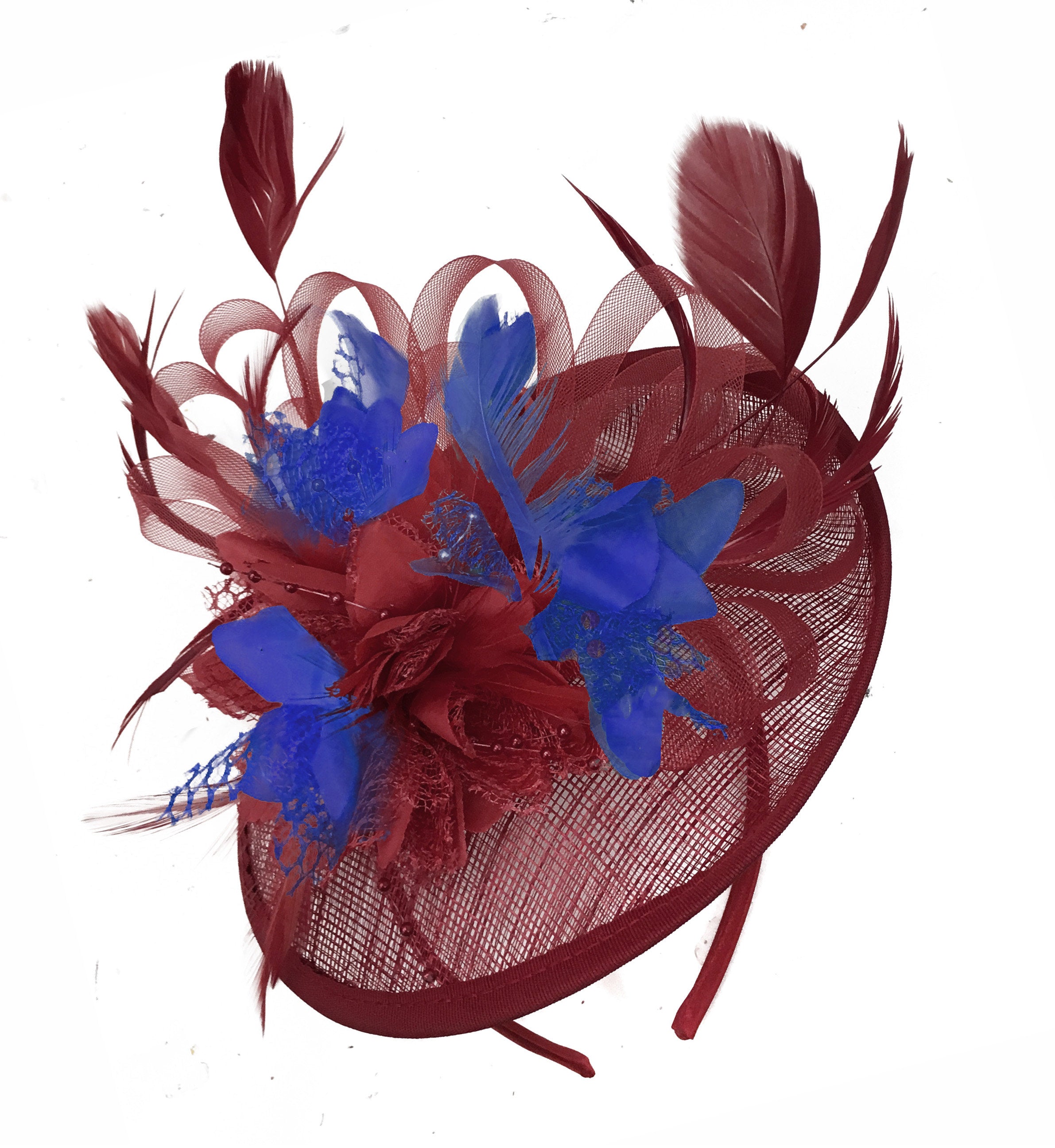 Caprilite Burgundy and Royal Blue Sinamay Disc Saucer Fascinator Hat for Women Weddings Headband