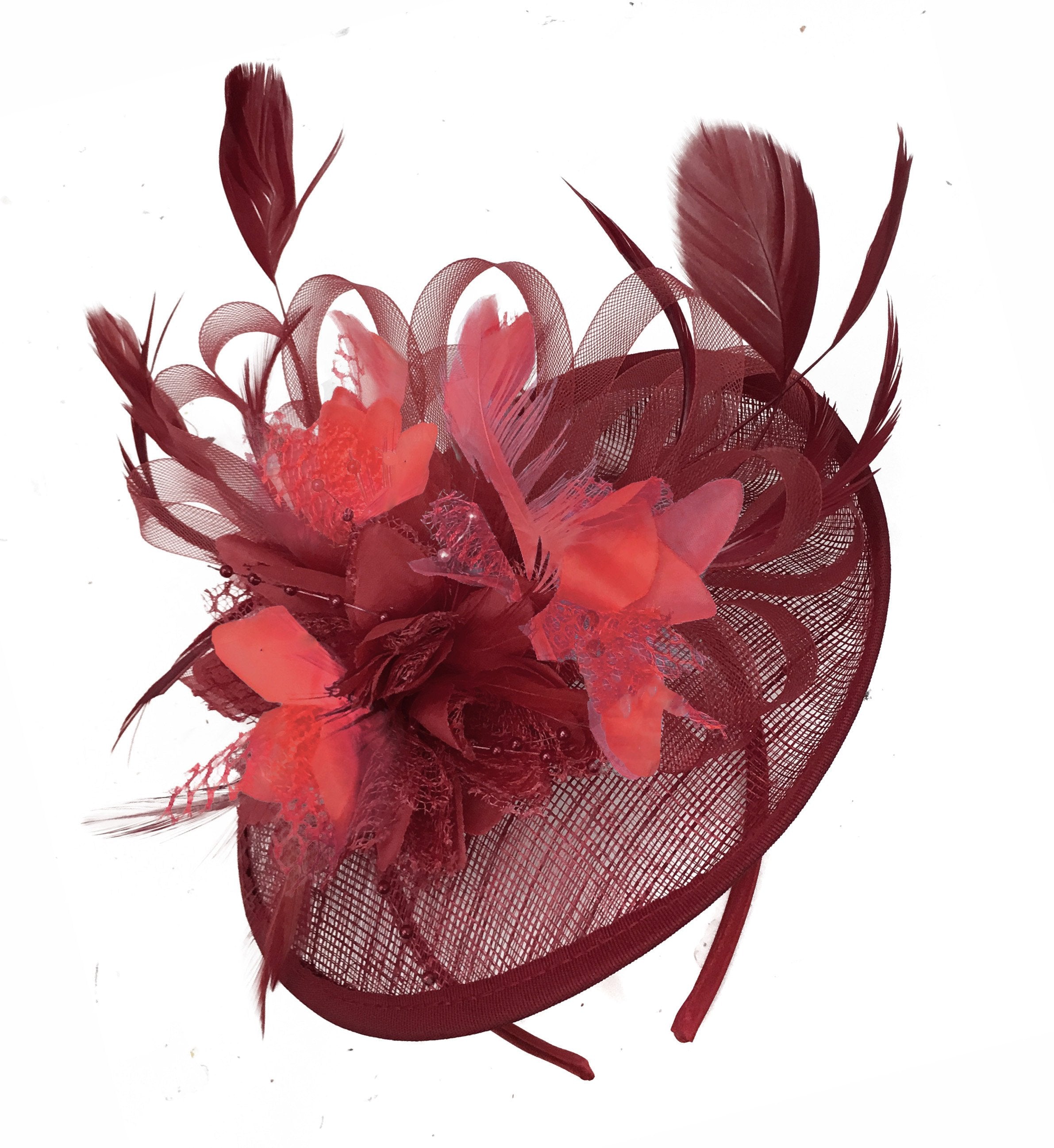 Caprilite Burgundy and Coral Sinamay Disc Saucer Fascinator Hat for Women Weddings Headband