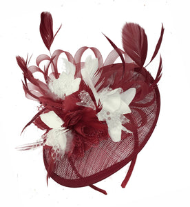 Caprilite Burgundy and Cream Sinamay Disc Saucer Fascinator Hat for Women Weddings Headband