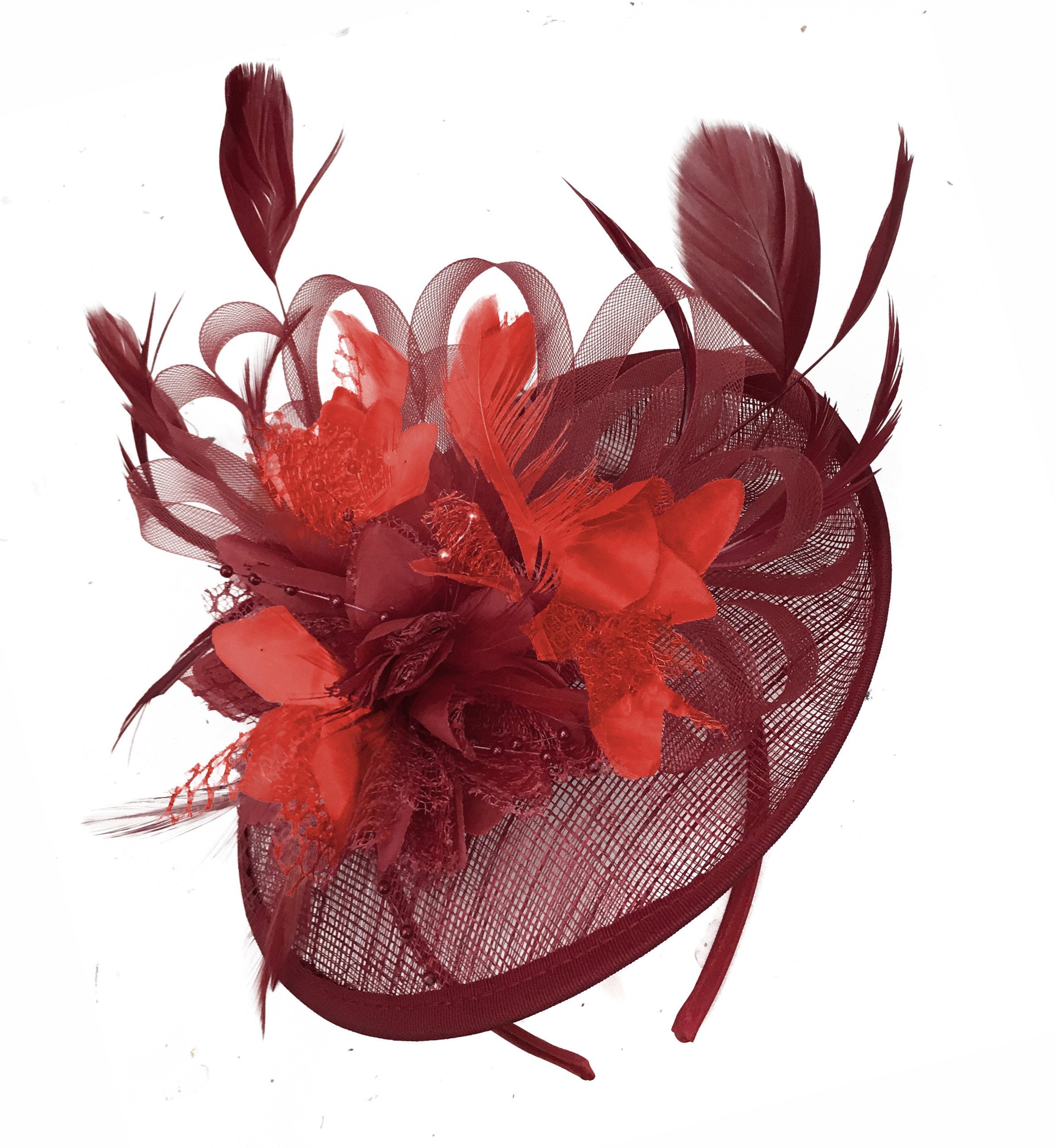 Caprilite Burgundy and Red Sinamay Disc Saucer Fascinator Hat for Women Weddings Headband