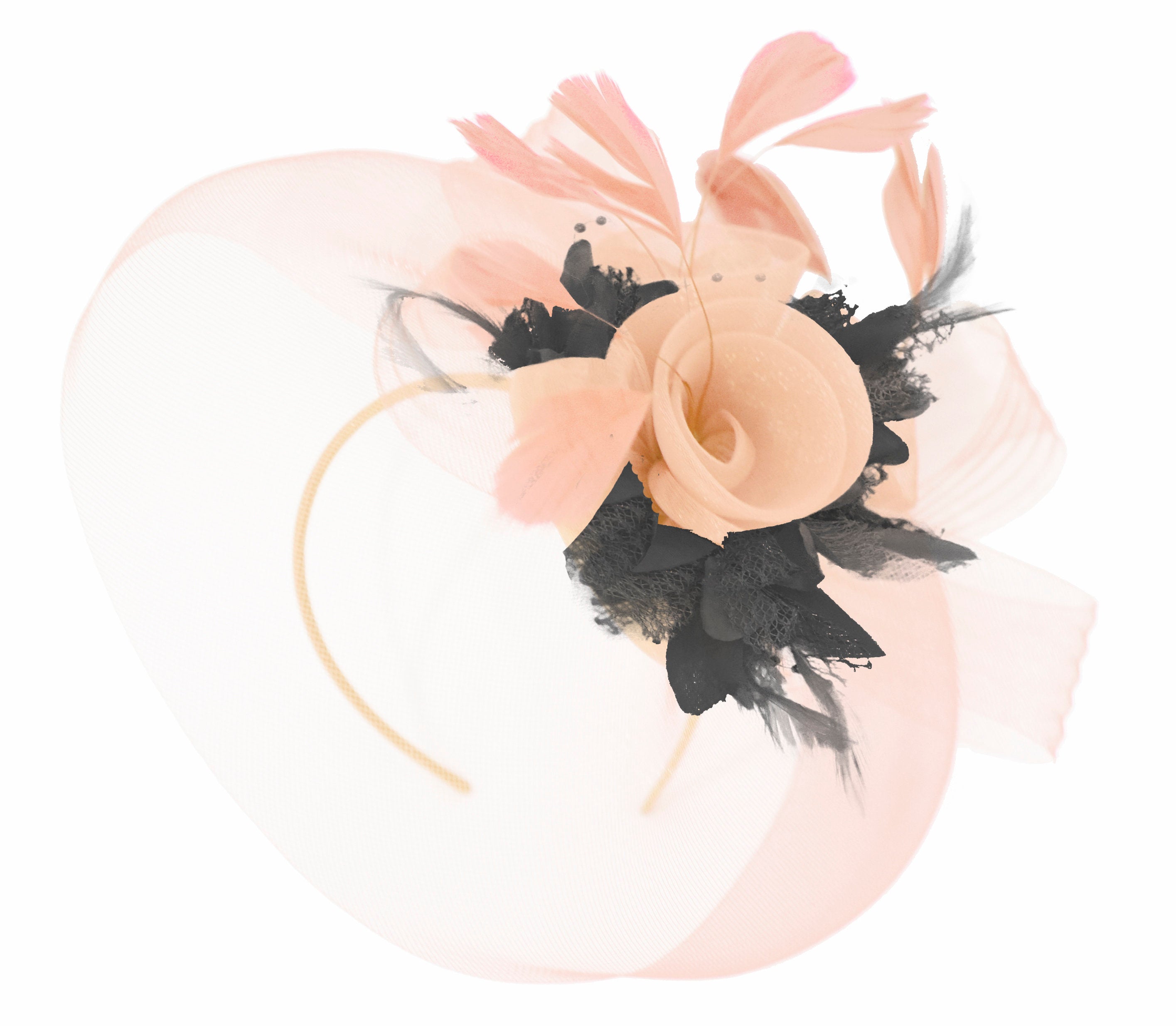 Caprilite Nude Pink Peach and Black Fascinator Hat Veil Net Hair Clip Ascot Derby Races Wedding Headband Feather Flower