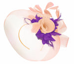 Caprilite Nude Pink Peach and Cadbury Purple Fascinator Hat Veil Net Hair Clip Ascot Derby Races Wedding Headband Feather Flower