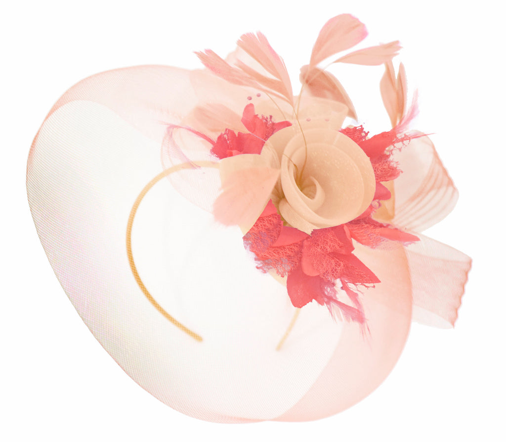Caprilite Nude Pink Peach and Coral Red Fascinator Hat Veil Net Hair Clip Ascot Derby Races Wedding Headband Feather Flower