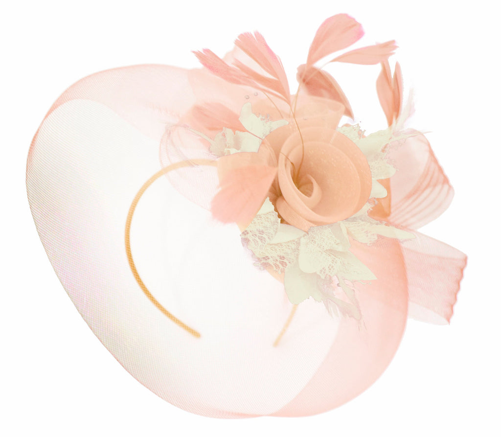 Caprilite Nude Pink Peach and Cream Fascinator Hat Veil Net Hair Clip Ascot Derby Races Wedding Headband Feather Flower