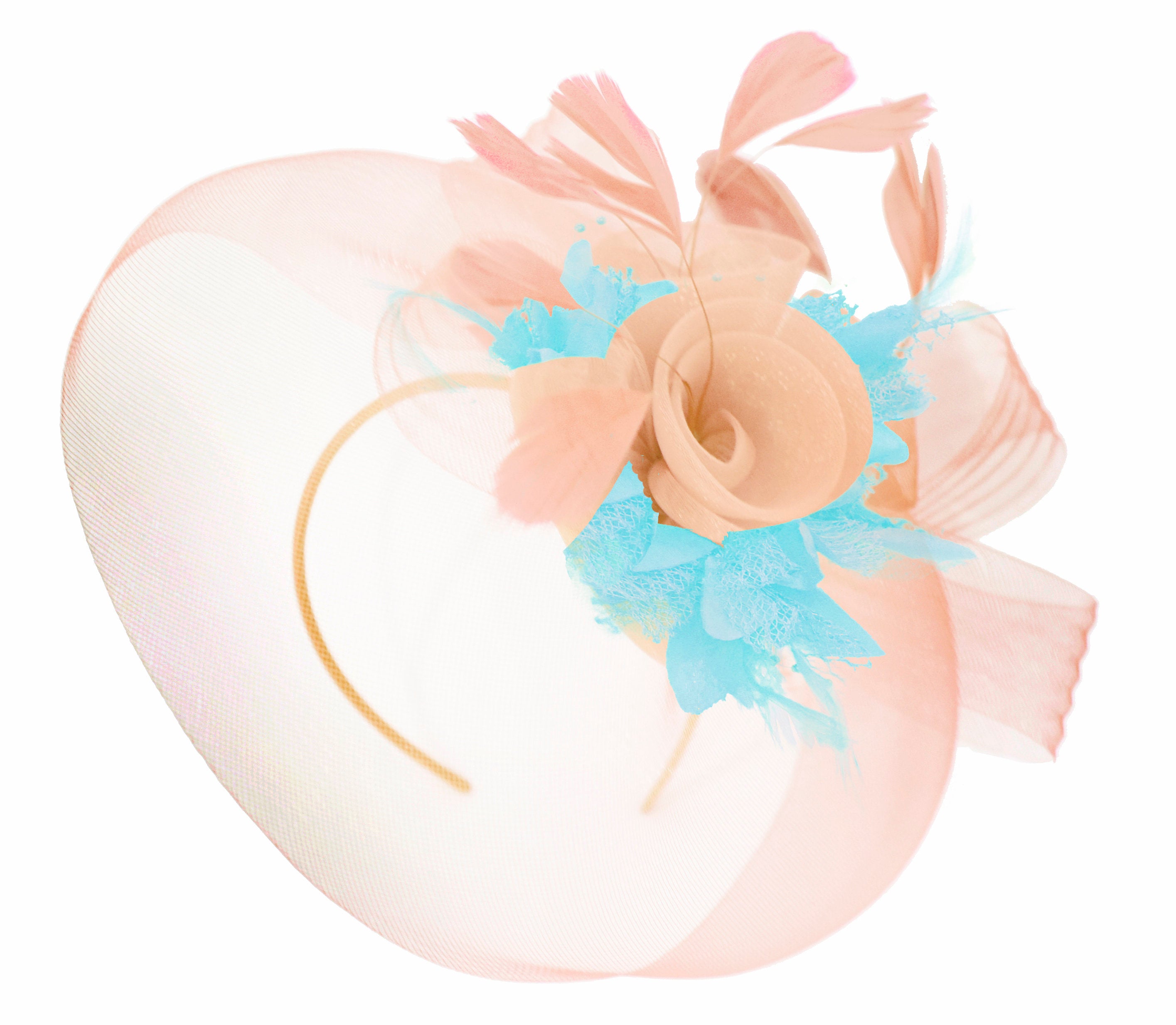 Caprilite Nude Pink Peach and Light Aqua Fascinator Hat Veil Net Hair Clip Ascot Derby Races Wedding Headband Feather Flower