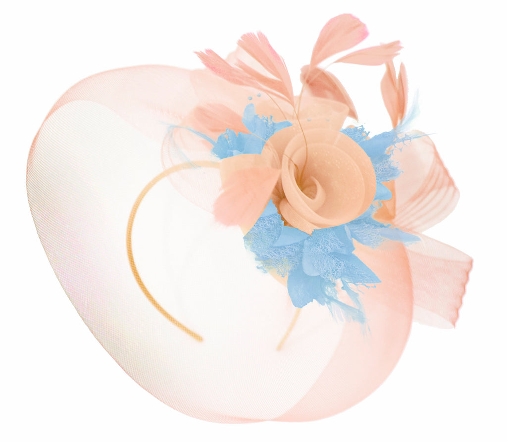 Caprilite Nude Pink Peach and Light Blue Fascinator Hat Veil Net Hair Clip Ascot Derby Races Wedding Headband Feather Flower