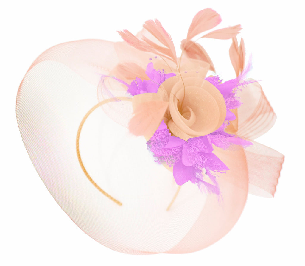 Caprilite Nude Pink Peach and Lilac Purple Fascinator Hat Veil Net Hair Clip Ascot Derby Races Wedding Headband Feather Flower