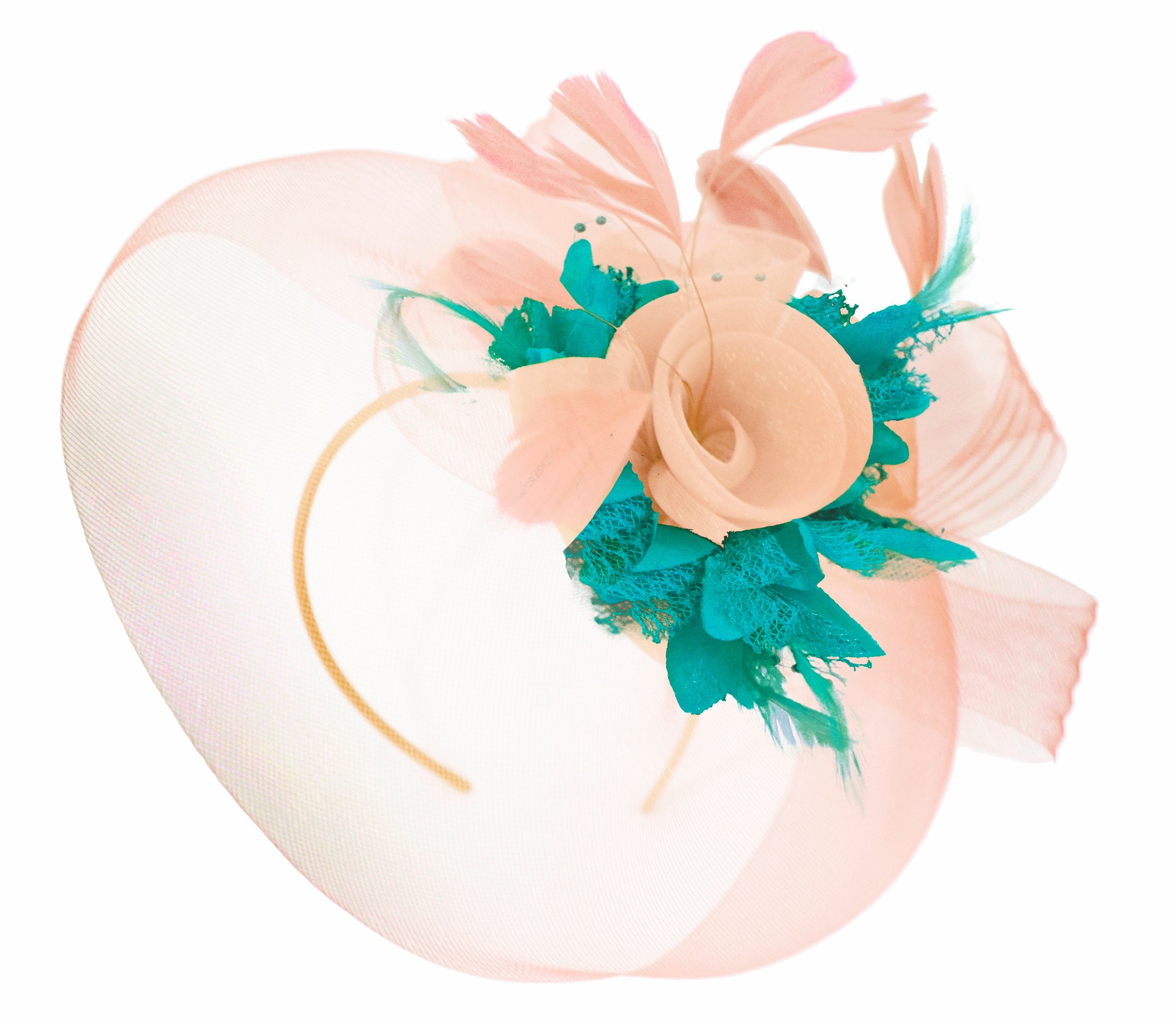 Caprilite Nude Pink Peach and Teal Green Fascinator Hat Veil Net Hair Clip Ascot Derby Races Wedding Headband Feather Flower
