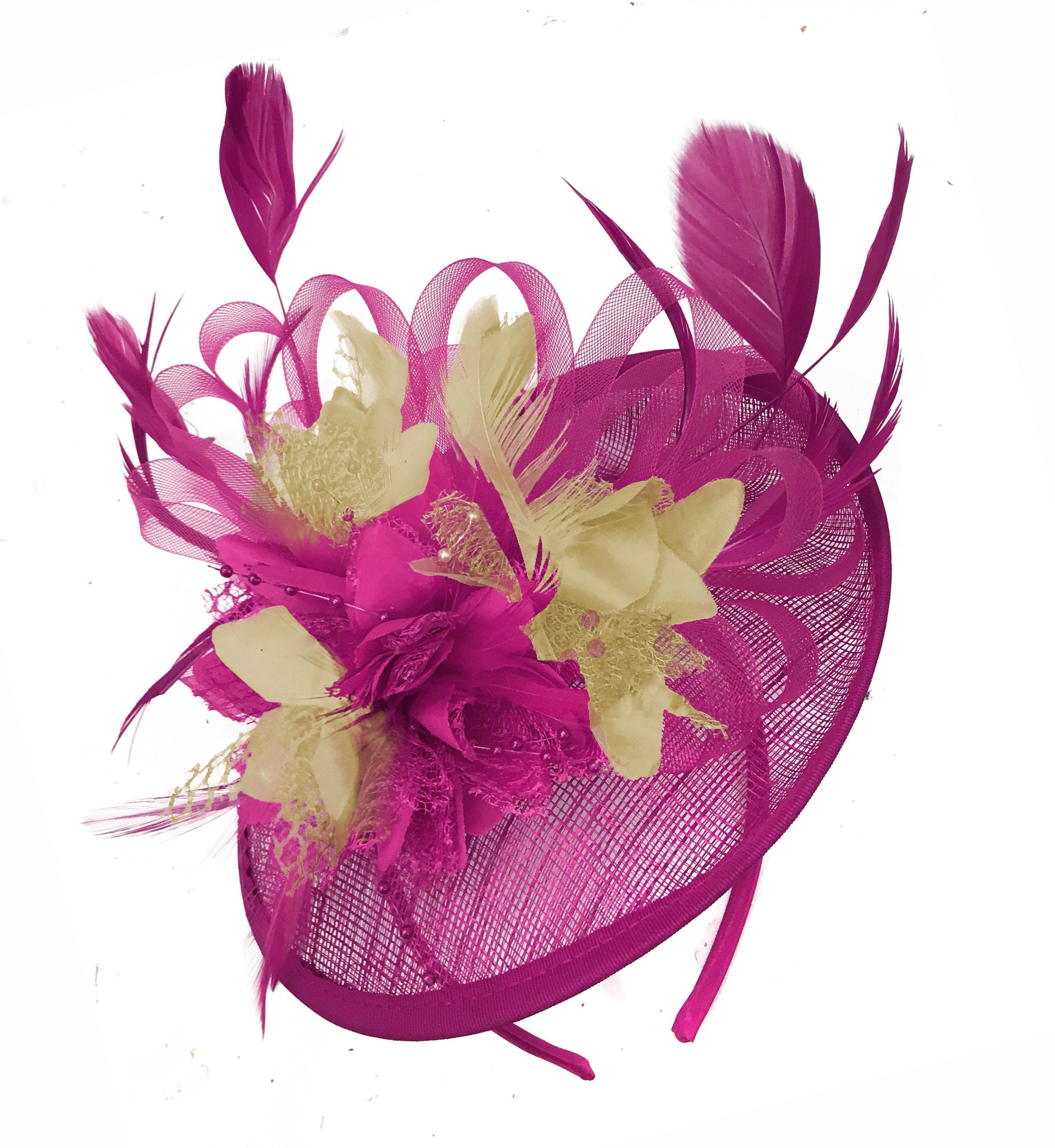 Caprilite Fuchsia Hot Pink and Beige Sinamay Disc Saucer Fascinator Hat for Women Weddings Headband