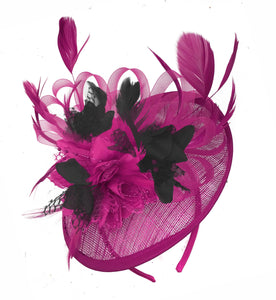 Caprilite Fuchsia Hot Pink and Black Sinamay Disc Saucer Fascinator Hat for Women Weddings Headband
