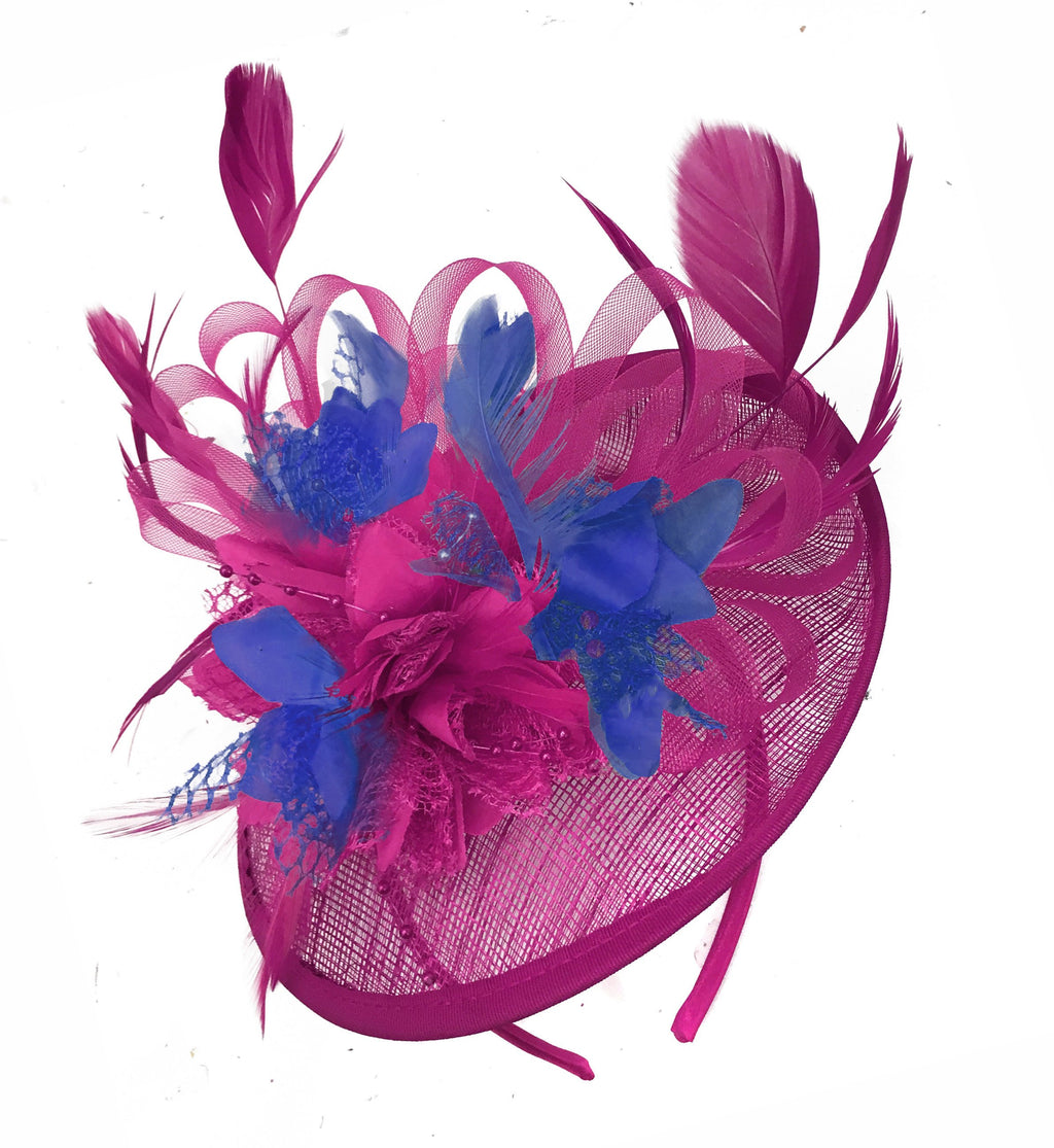 Caprilite Fuchsia Hot Pink and Royal Blue Sinamay Disc Saucer Fascinator Hat for Women Weddings Headband