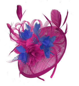 Caprilite Fuchsia Hot Pink and Royal Blue Sinamay Disc Saucer Fascinator Hat for Women Weddings Headband
