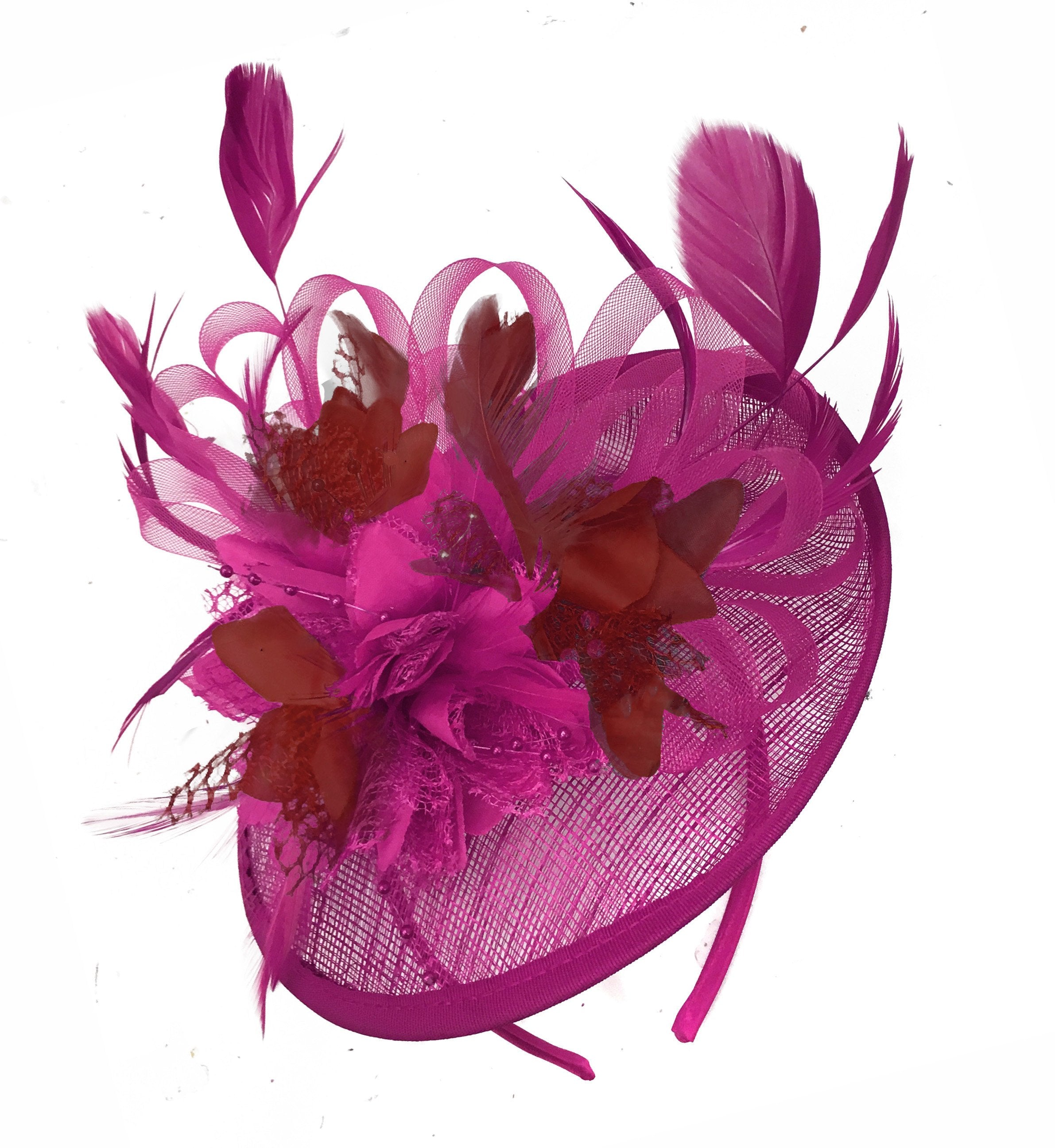 Caprilite Fuchsia Hot Pink and Burgundy Sinamay Disc Saucer Fascinator Hat for Women Weddings Headband