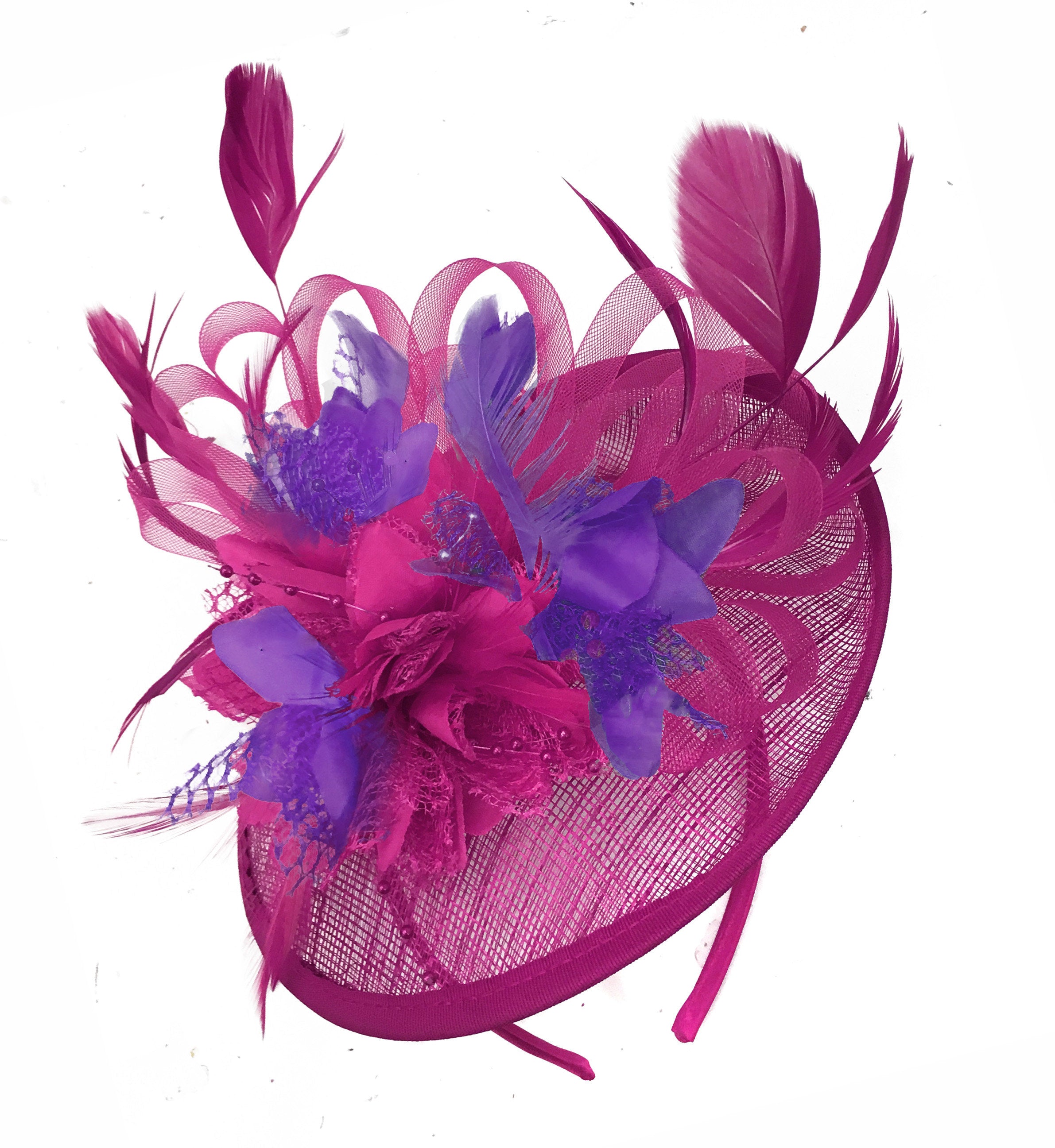 Caprilite Fuchsia Hot Pink and Cadbury Purple Sinamay Disc Saucer Fascinator Hat for Women Weddings Headband