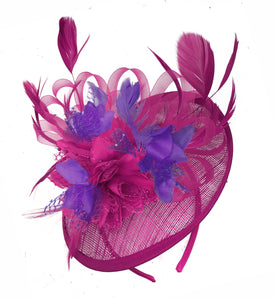 Caprilite Fuchsia Hot Pink and Cadbury Purple Sinamay Disc Saucer Fascinator Hat for Women Weddings Headband