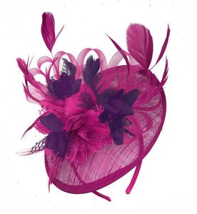 Caprilite Fuchsia Hot Pink and Dark Purple Sinamay Disc Saucer Fascinator Hat for Women Weddings Headband