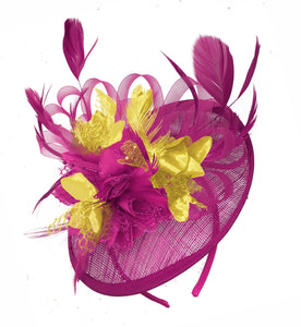 Caprilite Fuchsia Hot Pink and Gold Sinamay Disc Saucer Fascinator Hat for Women Weddings Headband