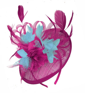 Caprilite Fuchsia Hot Pink and Light Aqua Sinamay Disc Saucer Fascinator Hat for Women Weddings Headband