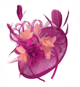 Caprilite Fuchsia Hot Pink and Nude Sinamay Disc Saucer Fascinator Hat for Women Weddings Headband