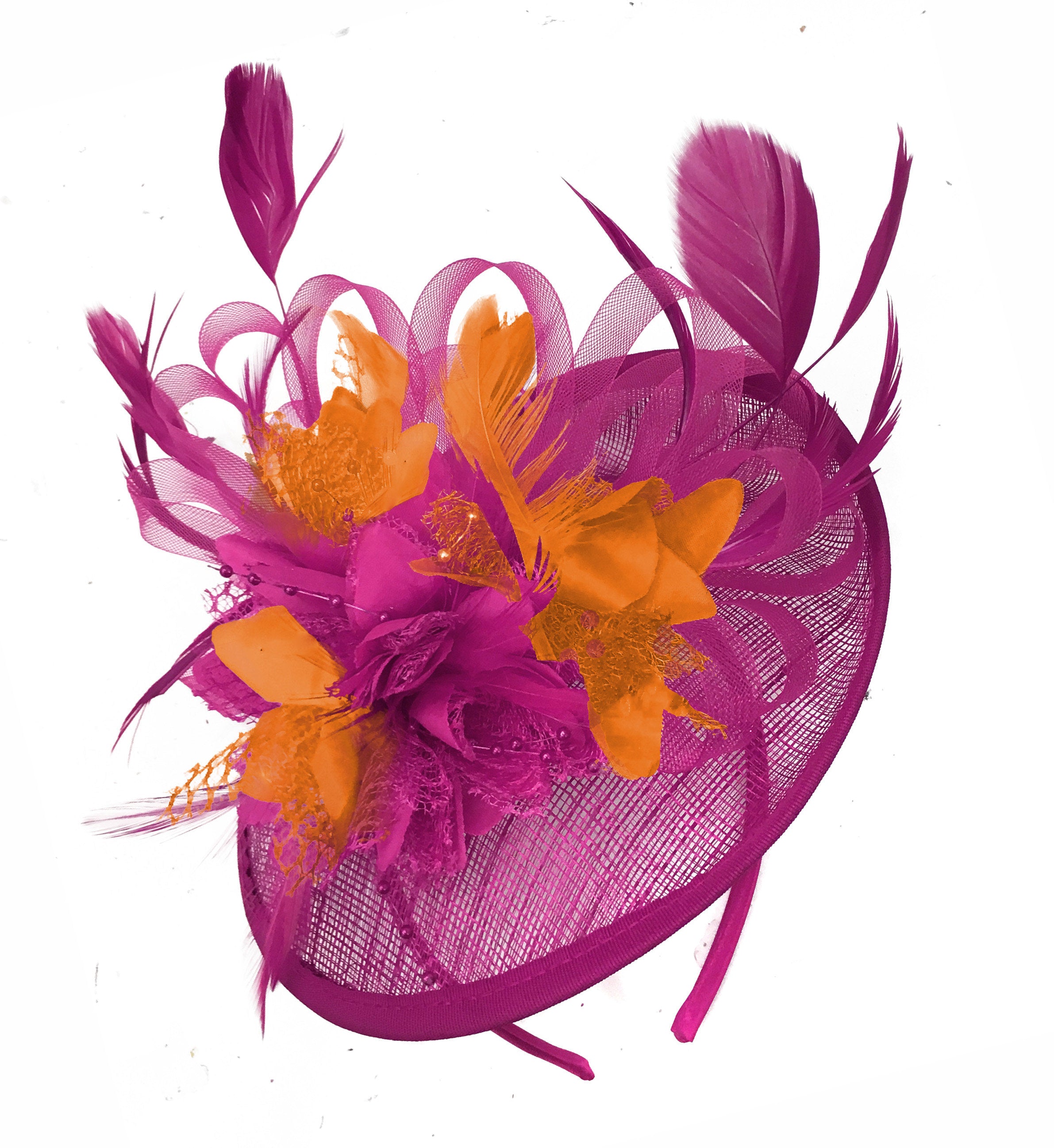Caprilite Fuchsia Hot Pink and Orange Sinamay Disc Saucer Fascinator Hat for Women Weddings Headband