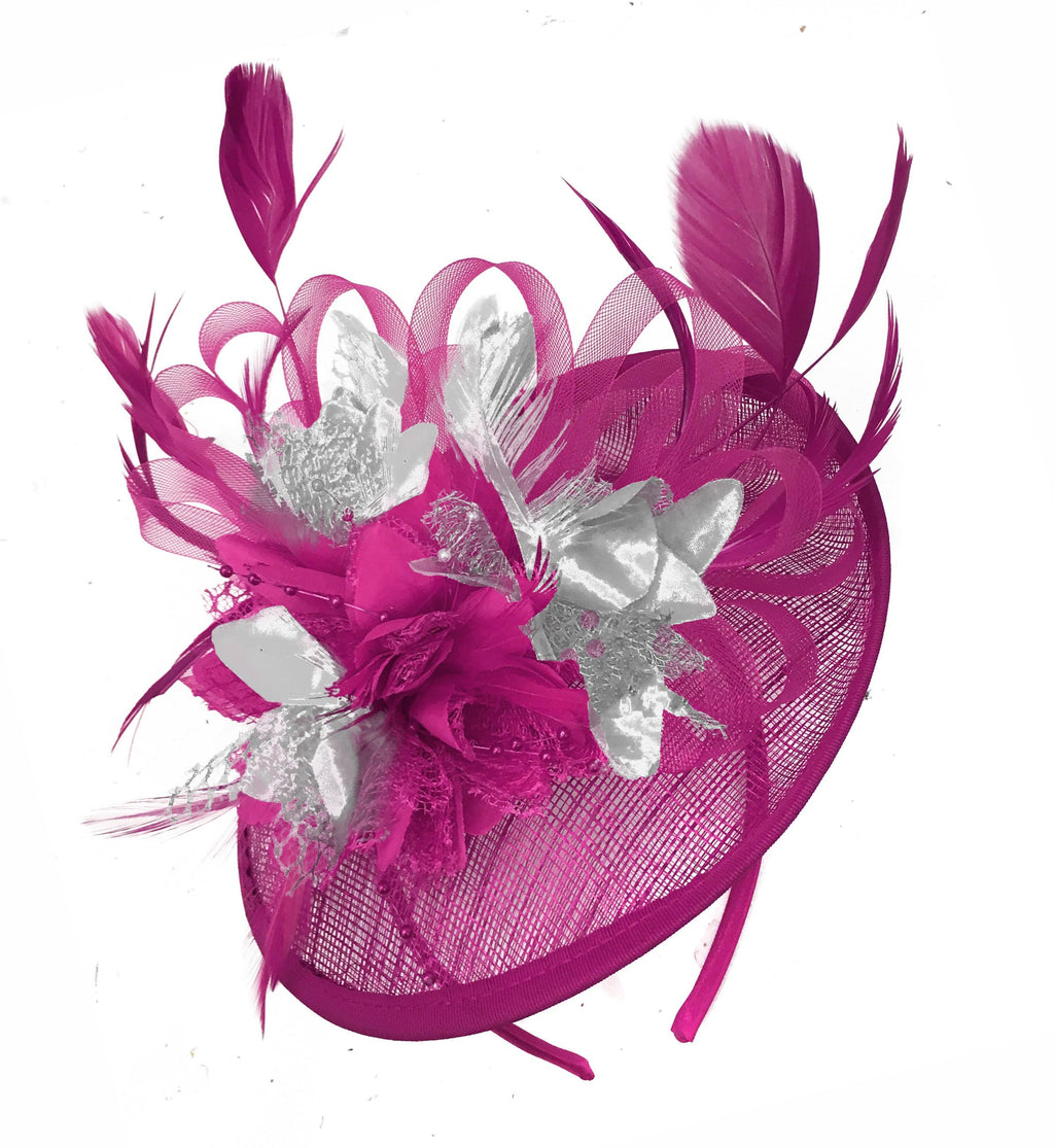Caprilite Fuchsia Hot Pink and Silver Sinamay Disc Saucer Fascinator Hat for Women Weddings Headband
