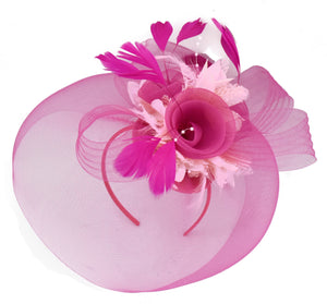 Caprilite Fuchsia Hot Pink and Baby Pink Fascinator Hat Veil Net Hair Clip Ascot Derby Races Wedding Headband Feather Flower