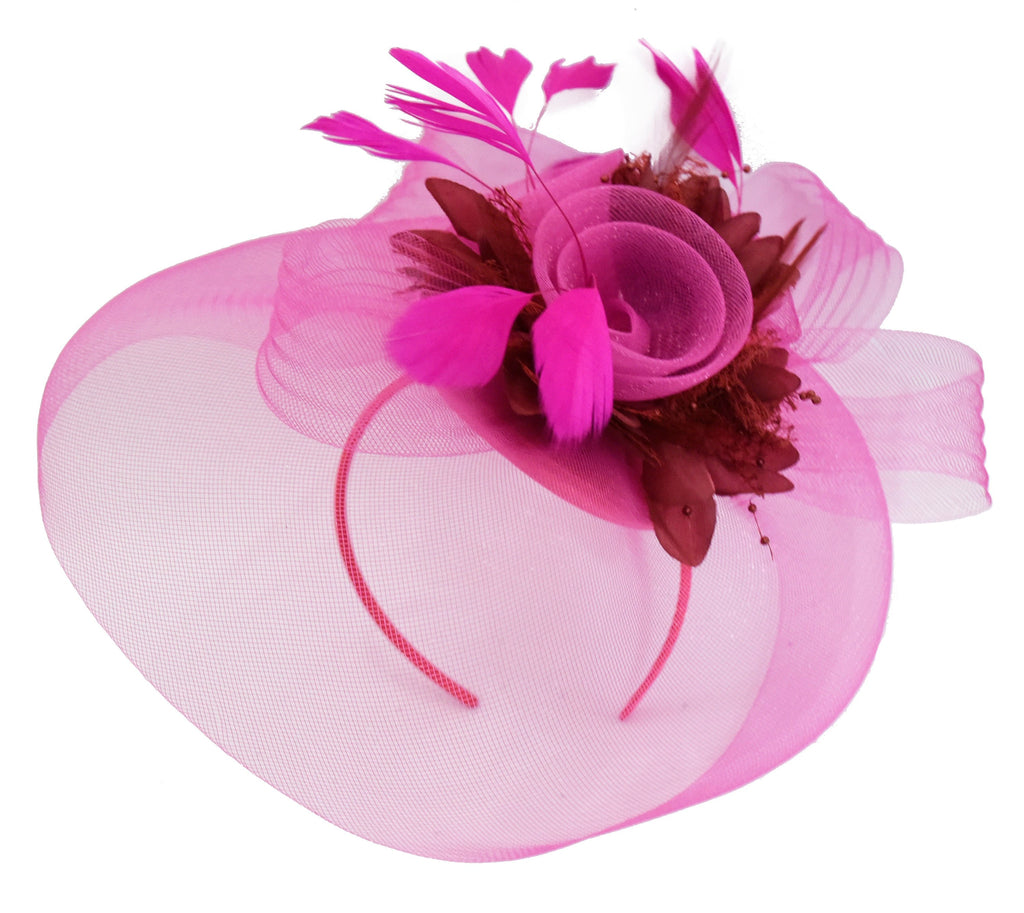 Caprilite Fuchsia Hot Pink and Burgundy Fascinator Hat Veil Net Hair Clip Ascot Derby Races Wedding Headband Feather Flower