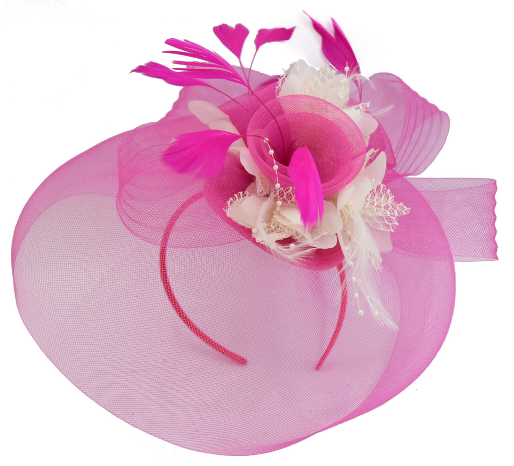 Caprilite Fuchsia Hot Pink and Cream Fascinator Hat Veil Net Hair Clip Ascot Derby Races Wedding Headband Feather Flower
