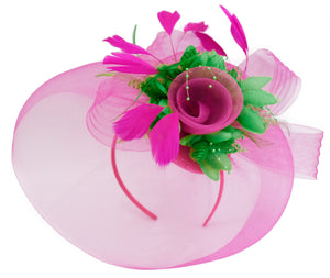 Caprilite Fuchsia Hot Pink and Jade Green Fascinator Hat Veil Net Hair Clip Ascot Derby Races Wedding Headband Feather Flower