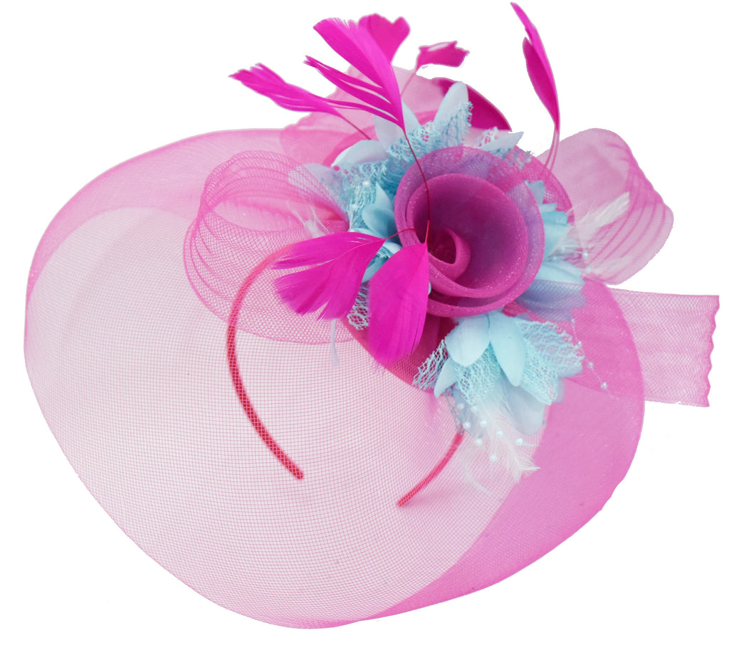 Caprilite Fuchsia Hot Pink and Light Blue Fascinator Hat Veil Net Hair Clip Ascot Derby Races Wedding Headband Feather Flower