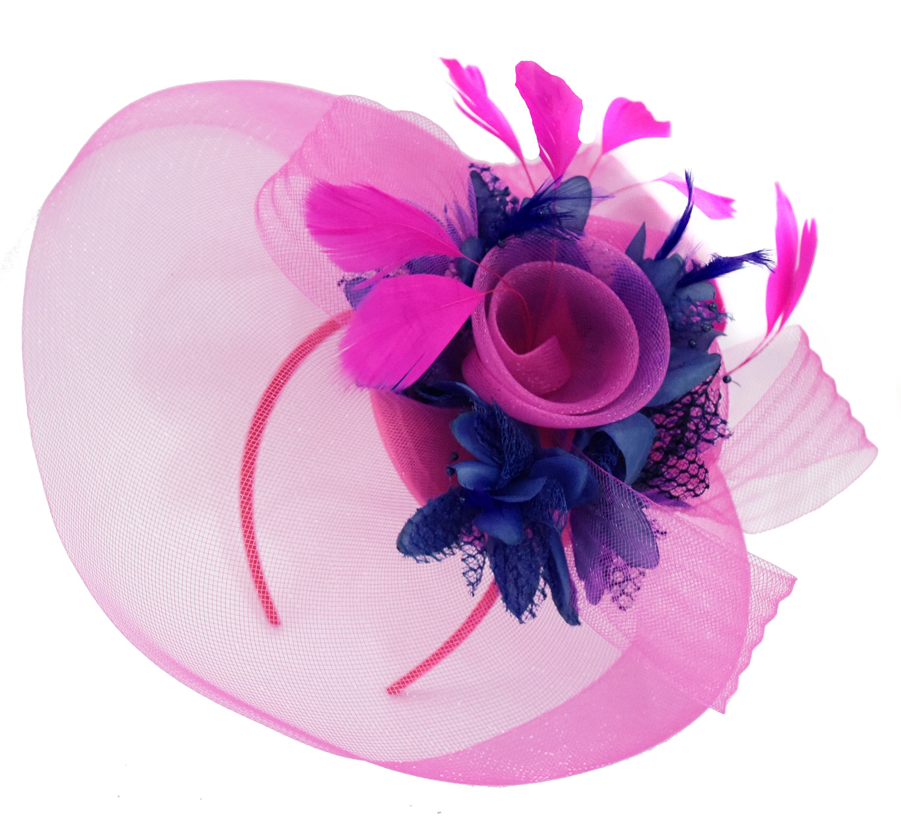 Caprilite Fuchsia Hot Pink and Navy Blue Fascinator Hat Veil Net Hair Clip Ascot Derby Races Wedding Headband Feather Flower