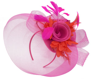 Caprilite Fuchsia Hot Pink and Red Fascinator Hat Veil Net Hair Clip Ascot Derby Races Wedding Headband Feather Flower