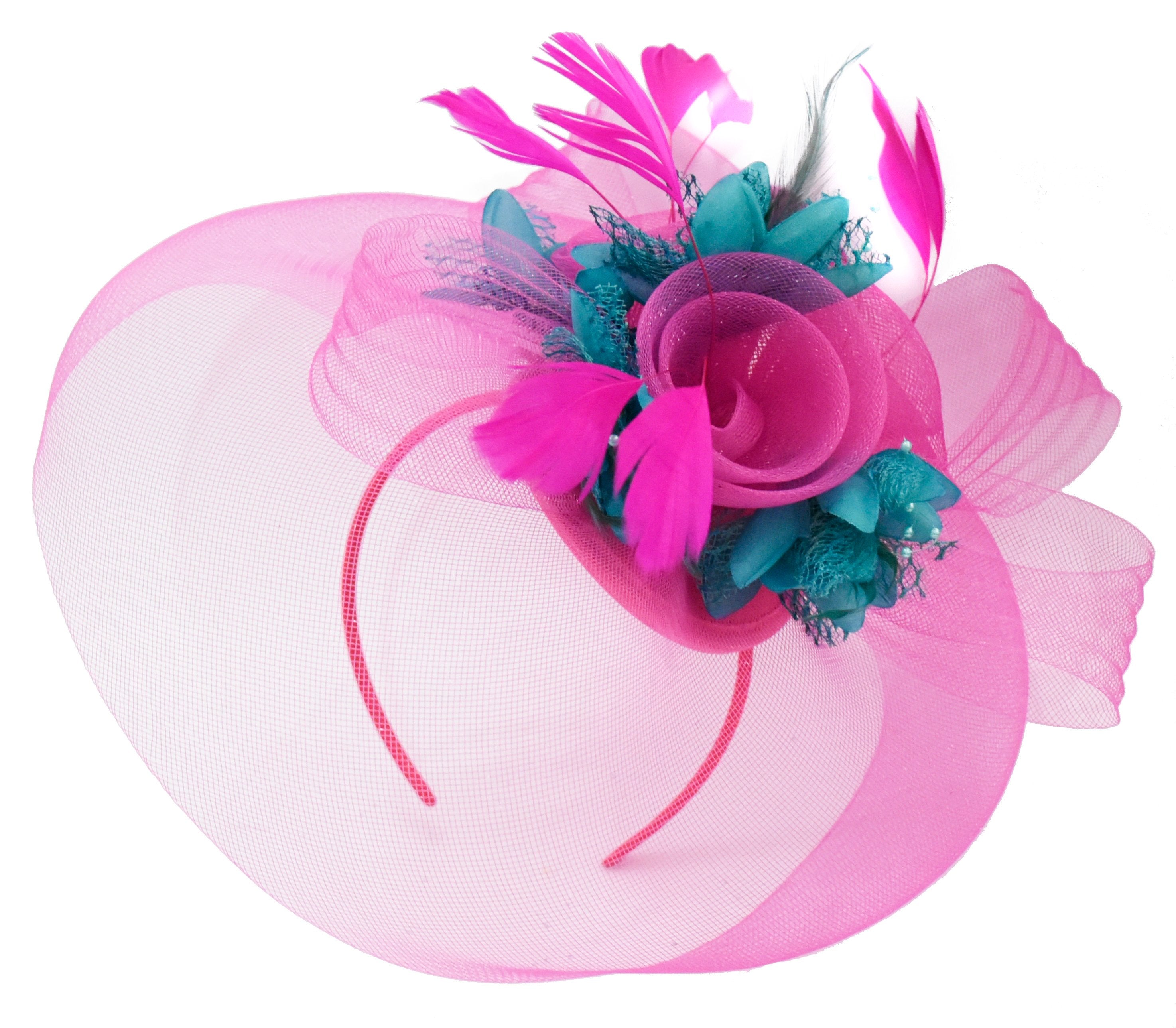 Caprilite Fuchsia Hot Pink and Teal Blue Fascinator Hat Veil Net Hair Clip Ascot Derby Races Wedding Headband Feather Flower