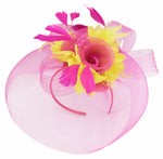 Caprilite Fuchsia Hot Pink and Yellow Fascinator Hat Veil Net Hair Clip Ascot Derby Races Wedding Headband Feather Flower