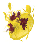 Caprilite Yellow and Burgundy Sinamay Disc Saucer Fascinator Hat for Women Weddings Headband