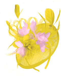 Caprilite Yellow and Baby Pink Sinamay Disc Saucer Fascinator Hat for Women Weddings Headband
