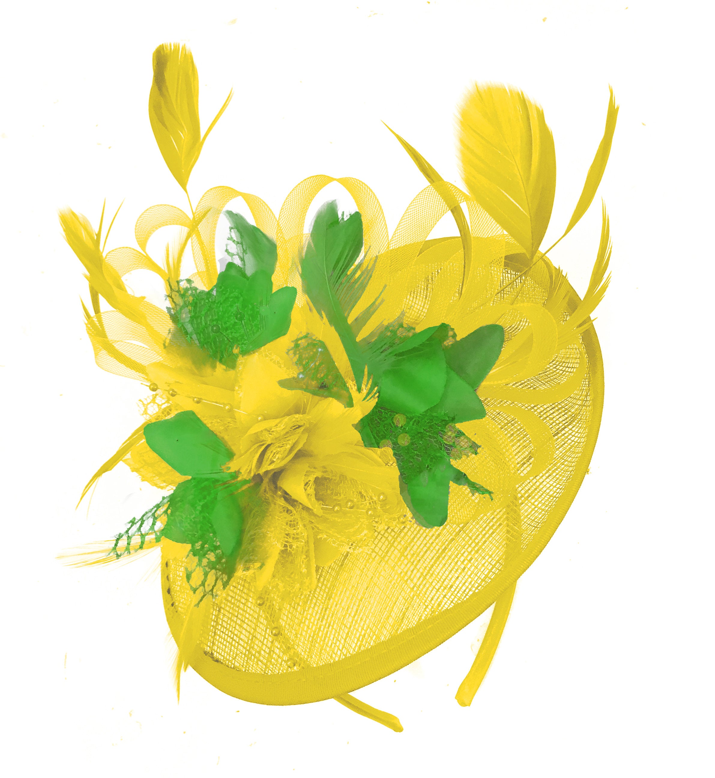 Caprilite Yellow and Jade Green Sinamay Disc Saucer Fascinator Hat for Women Weddings Headband