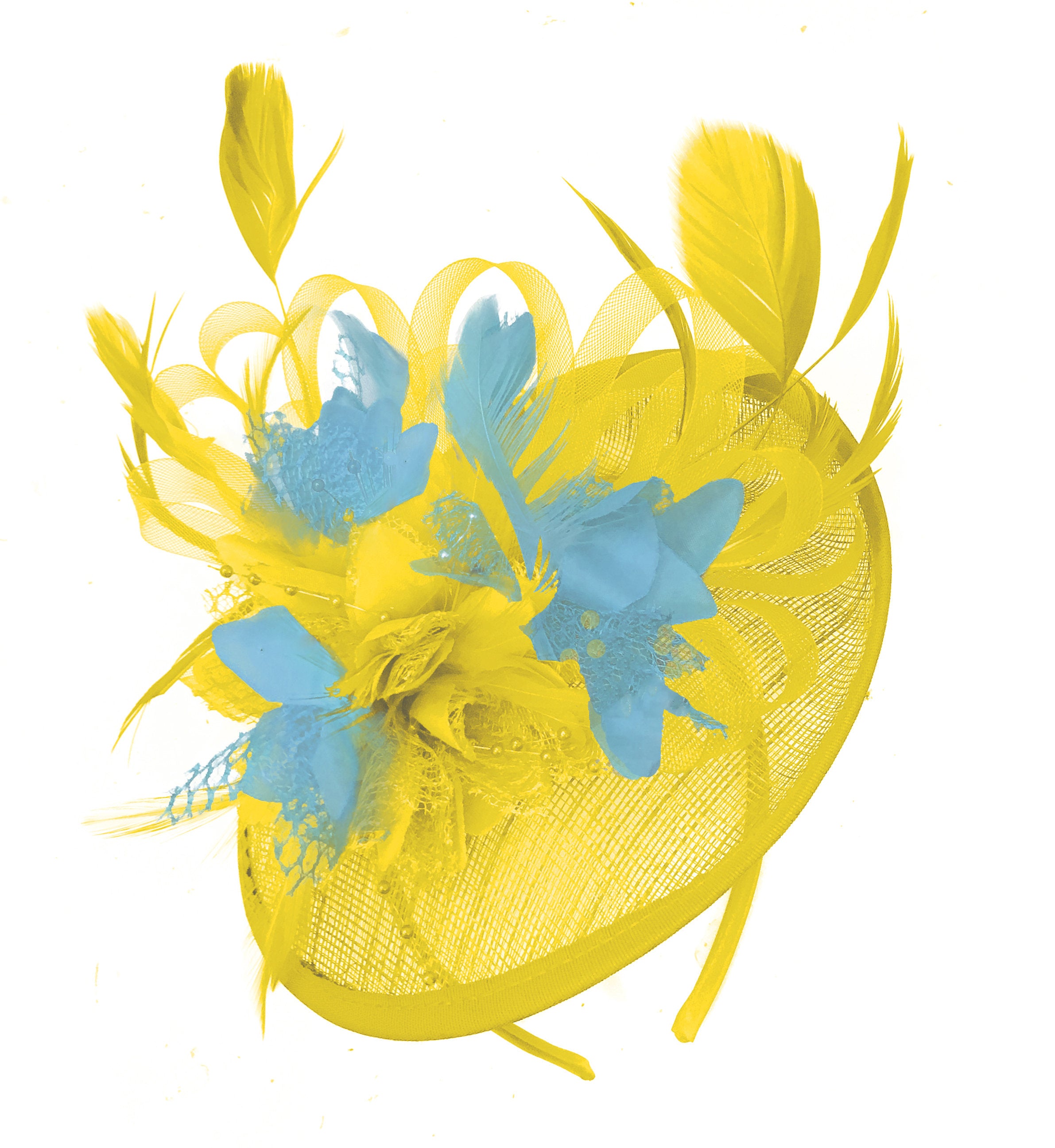Caprilite Yellow and Light Blue Sinamay Disc Saucer Fascinator Hat for Women Weddings Headband