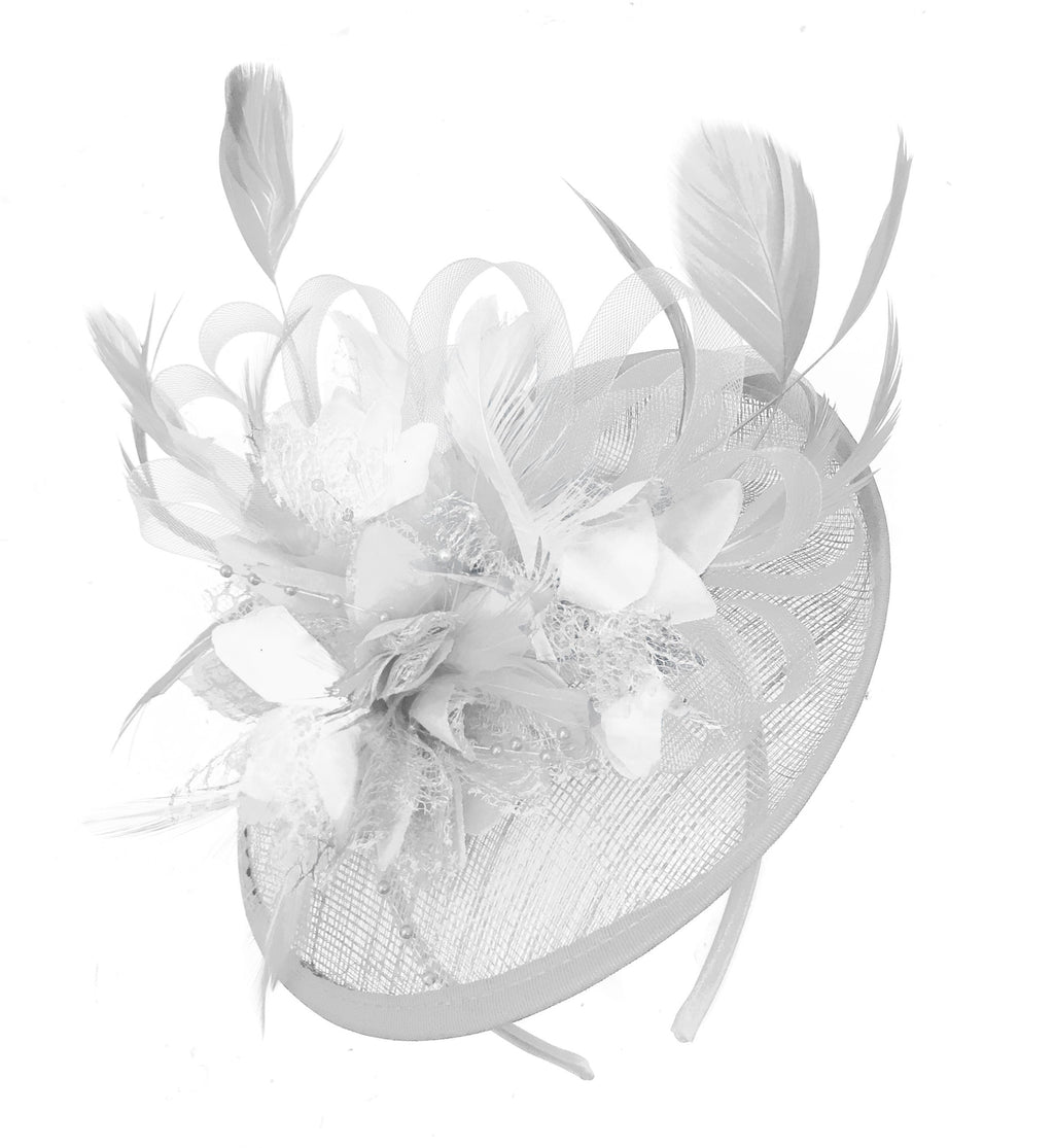 Caprilite White and White Sinamay Disc Saucer Fascinator Hat for Women Weddings Headband