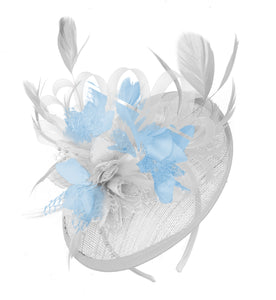 Caprilite White and Light Blue Sinamay Disc Saucer Fascinator Hat for Women Weddings Headband