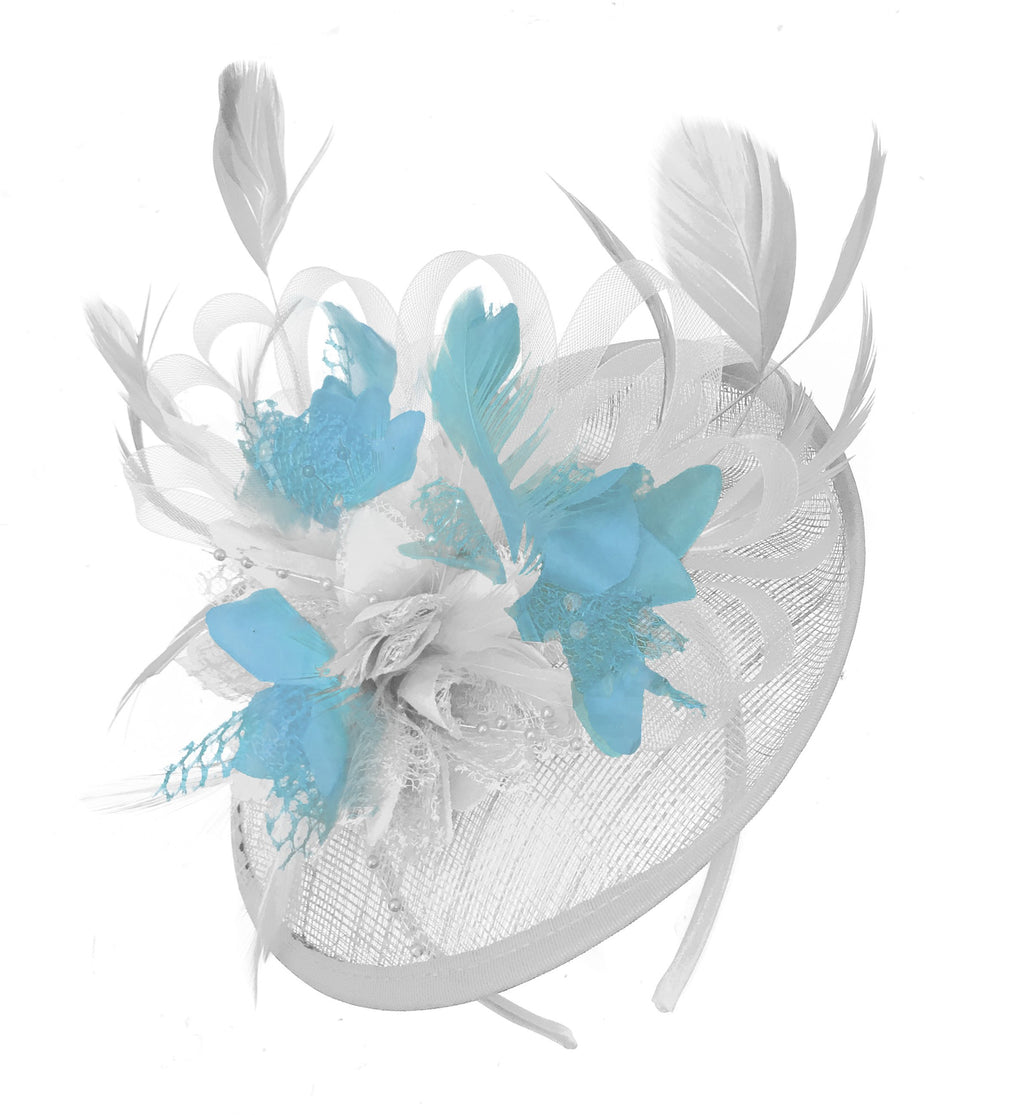 Caprilite White and Light Aqua Sinamay Disc Saucer Fascinator Hat for Women Weddings Headband