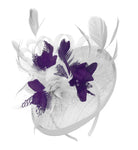 Caprilite White and Dark Purple Sinamay Disc Saucer Fascinator Hat for Women Weddings Headband