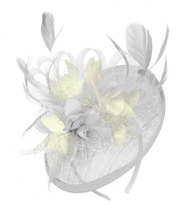 Caprilite White and Cream Sinamay Disc Saucer Fascinator Hat for Women Weddings Headband