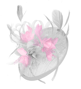 Caprilite White and Baby Pink Sinamay Disc Saucer Fascinator Hat for Women Weddings Headband