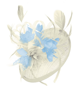 Caprilite Cream and Light Blue Sinamay Disc Saucer Fascinator Hat for Women Weddings Headband