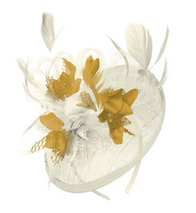 Caprilite Cream and Mustard Sinamay Disc Saucer Fascinator Hat for Women Weddings Headband