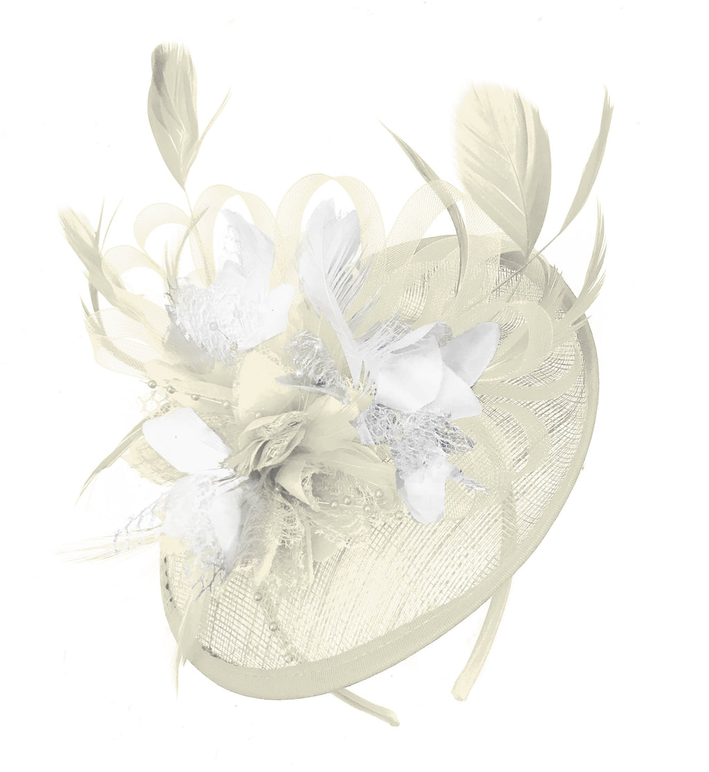 Caprilite Cream and White Sinamay Disc Saucer Fascinator Hat for Women Weddings Headband