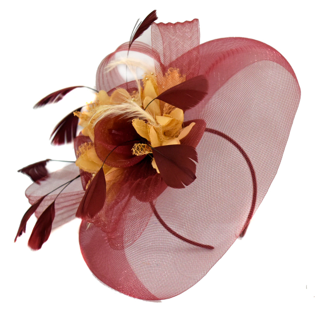 Caprilite Burgundy and Beige Fascinator on Headband Veil UK Wedding Ascot Races Hatinator