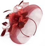 Caprilite Burgundy and Coral Fascinator on Headband Veil UK Wedding Ascot Races Hatinator