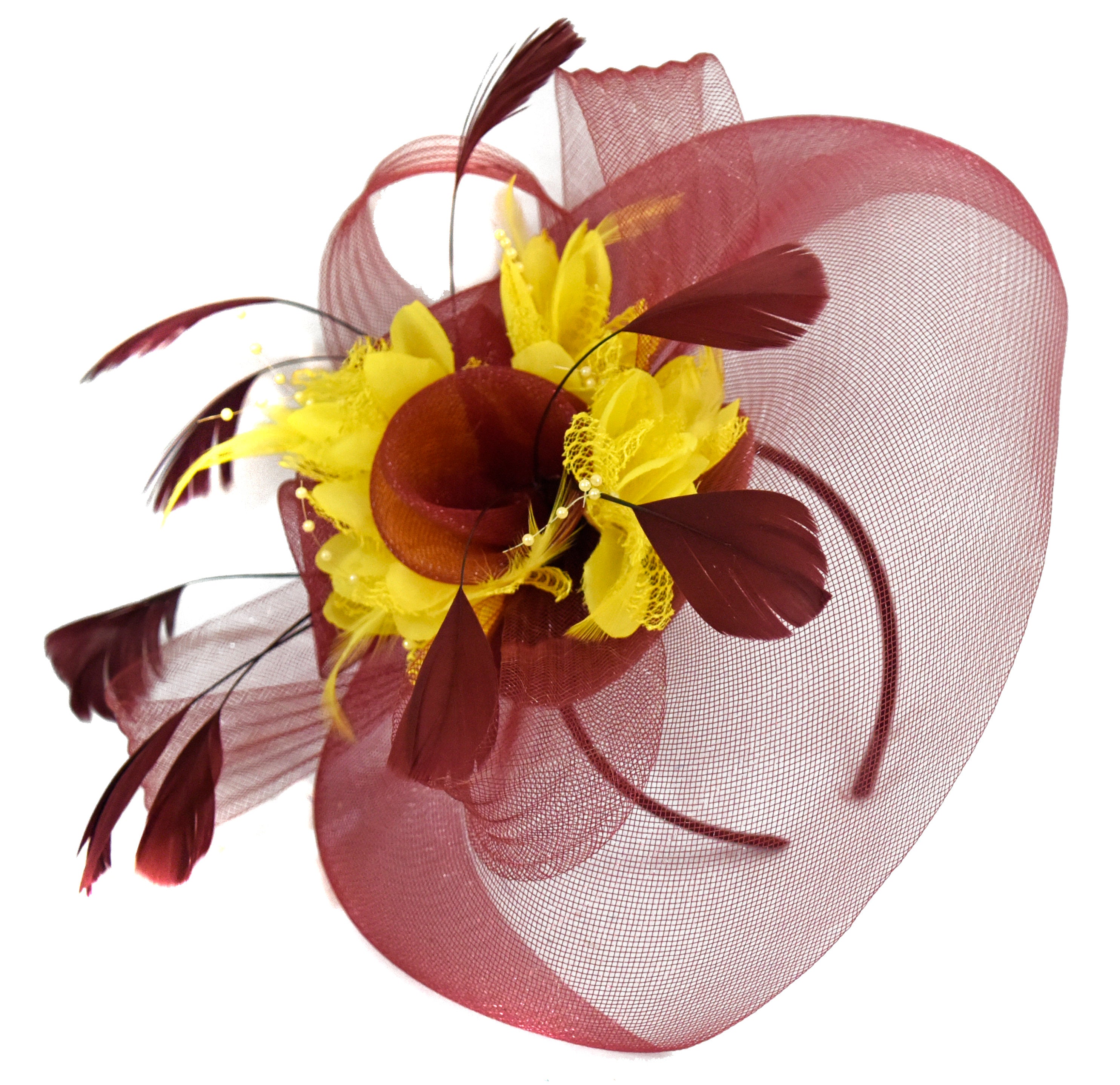 Caprilite Burgundy and Yellow Fascinator on Headband Veil UK Wedding Ascot Races Hatinator